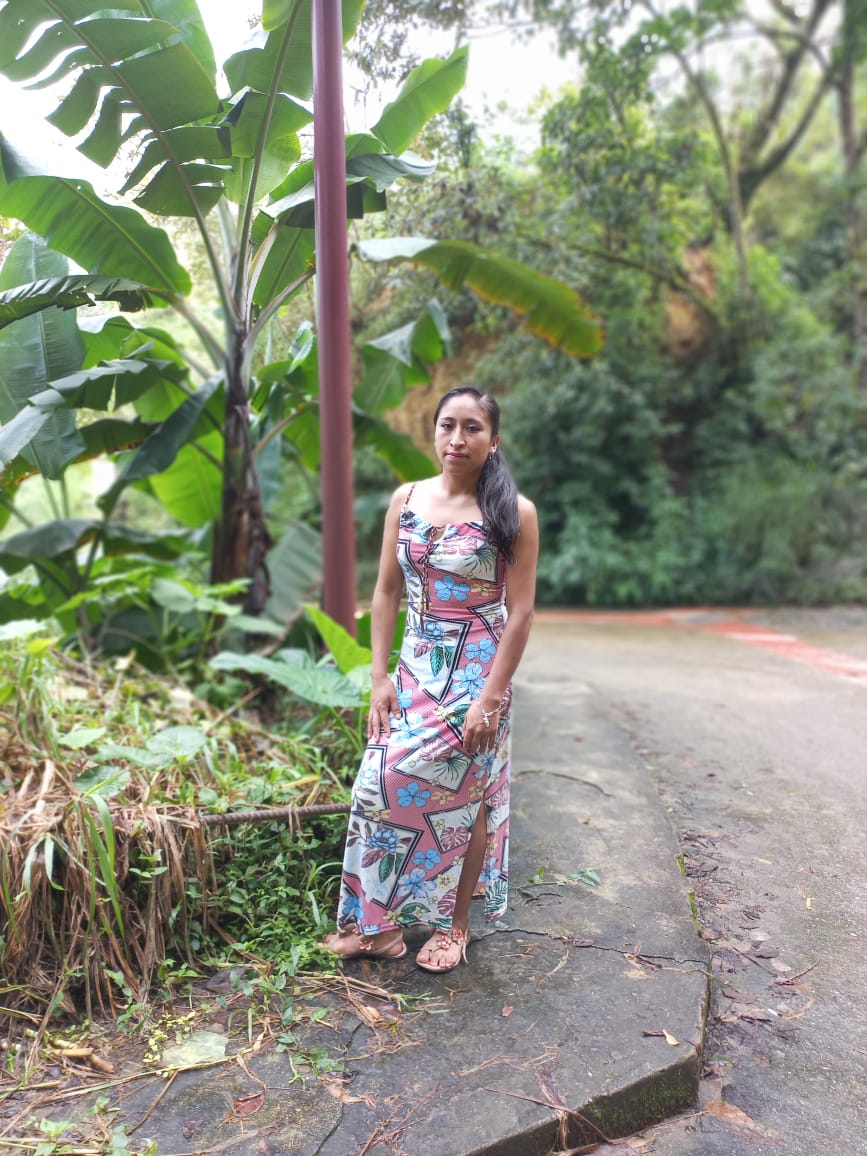 A woman stands on a footpath. She wears a long patterned dress with long black hair pulled back into a ponytail.