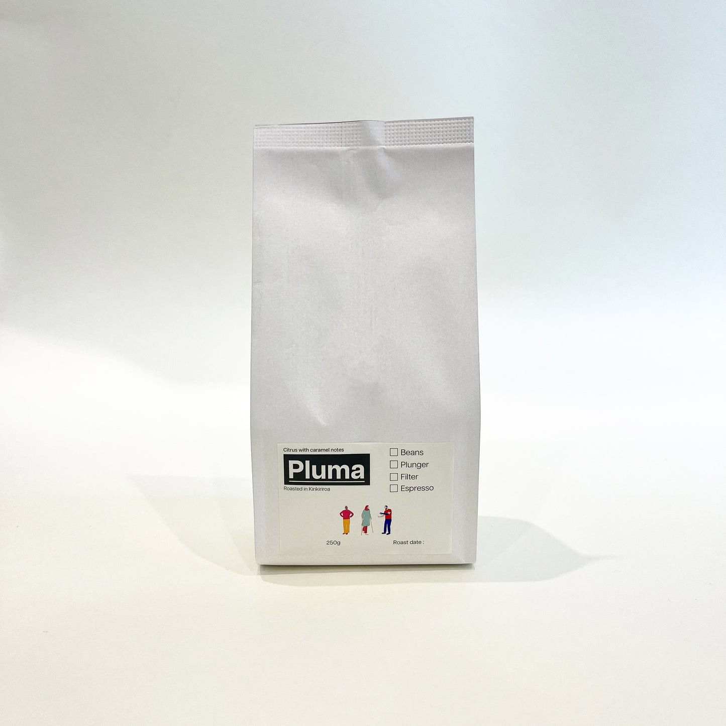 A white bag of TLF Pluma coffee with a green label.